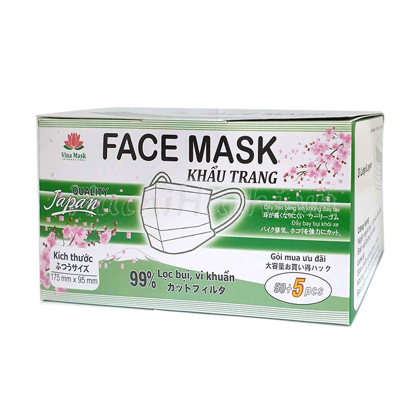 Khẩu trang 3 lớp Vina Mask cắt giảm 99% bụi, vi khuẩn 55 cái màu trắng - Hachi Hachi Japan Shop