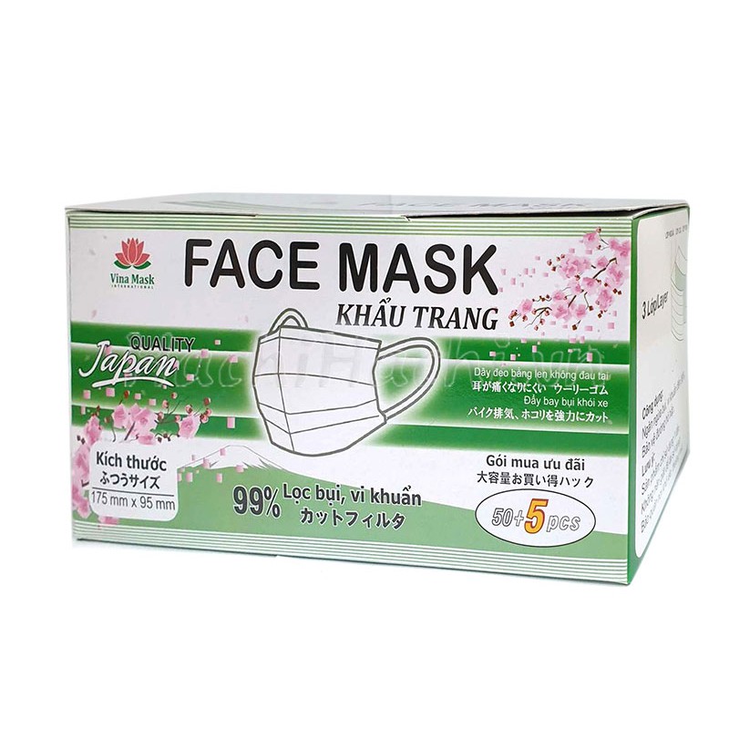 Khẩu trang 3 lớp Vina Mask cắt giảm 99% bụi, vi khuẩn 55 cái (màu trắng)  - Hachi Hachi Japan Shop