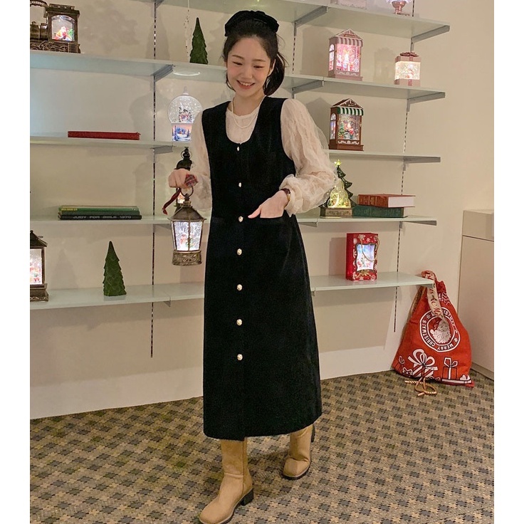 Set áo sơ mi cổ tròn dài tay và chân váy phong cách retro 48042