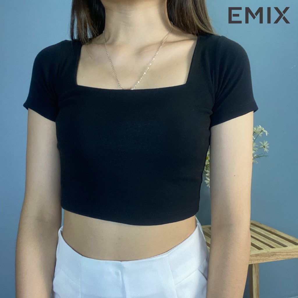 Áo thun nữ croptop cổ vuông EMIX (2 màu), cộc tay, dài 36cm, chất díp siêu co giãn, vải đẹp không lộ Crop205/P2.K6