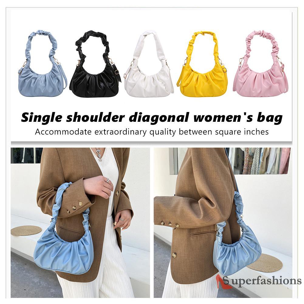 【Hot Sale】Fashion Women Pure Color Canvas Shoulder Underarm Bag Pleated Hobos Handbag