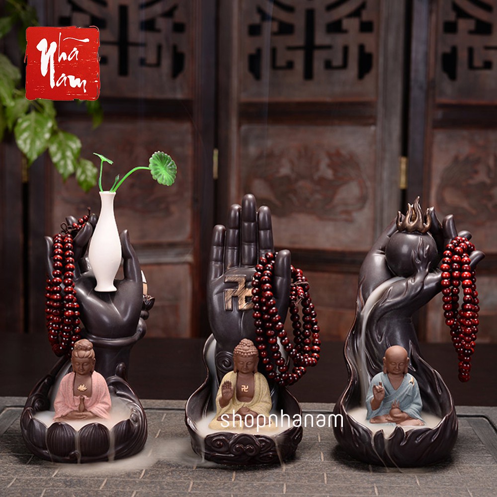 Thác khói trầm hương phật quan âm thích ca tọa thiền non bộ tặng 3 nụ trầm hương