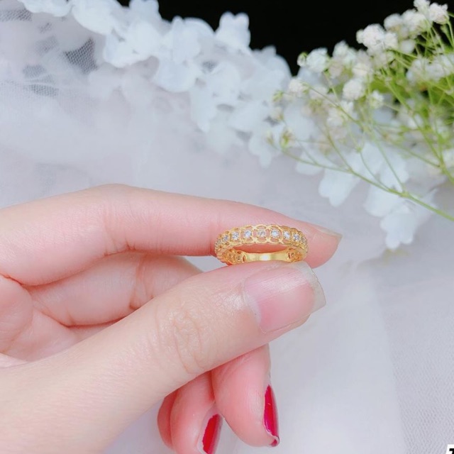 Nhẫn kim tiền dải đá nhỏ bạc ta xi vàng