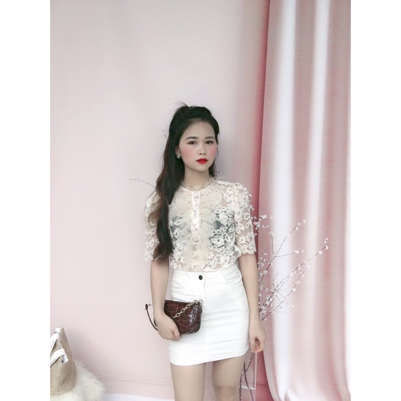 Áo  ren phối cổ lưới đính cúc đá siêu sang , hàng loại 1