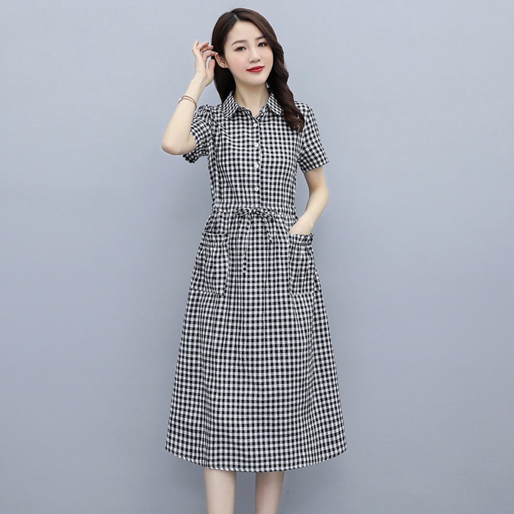 Váy sơ mi váy suông nữ đầm suông sơ mi form rộng họa tiết kẻ caro, kèm dây rút eo