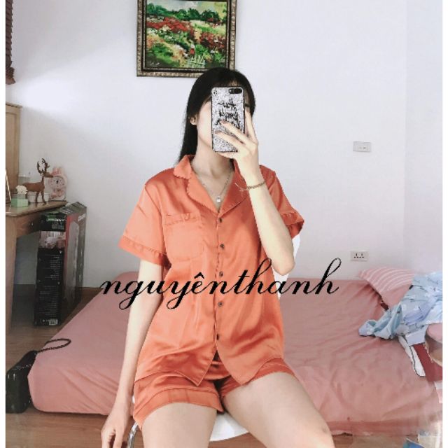 Bộ Pijama lụa cộc màu cam