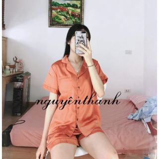Bộ Pijama lụa cộc màu cam