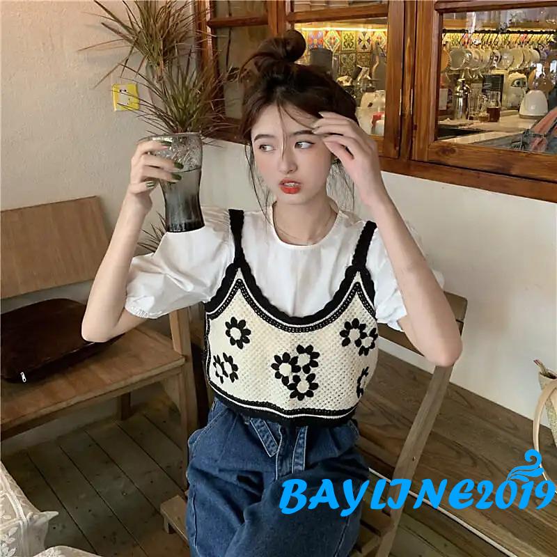 Áo hai dây dệt kim thêu họa tiết hoa thời trang dành cho bạn nữ