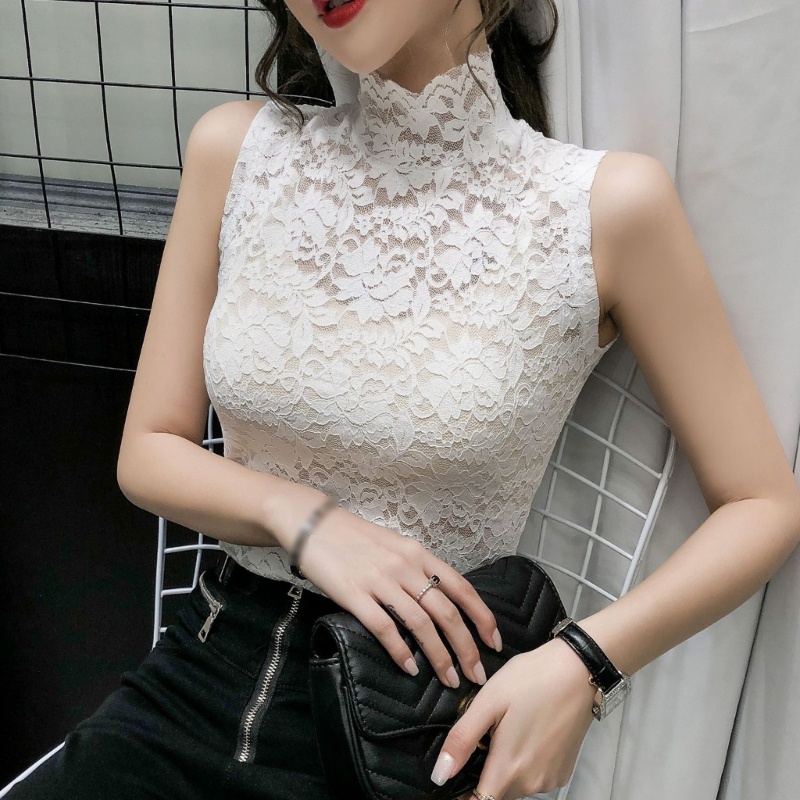 Áo Tank Top Không Tay Cổ Lọ Phối Ren Thời Trang Dành Cho Nữ