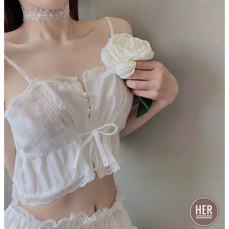 Bộ Đồ Ngủ - Bộ Mặc Nhà 2 Dây Dáng Áo Croptop Chất Đũi Mỏng, Mát, Mềm Mịn Pha Ren Gợi Cảm, Sexy Thoải mái - Her Sleepwear
