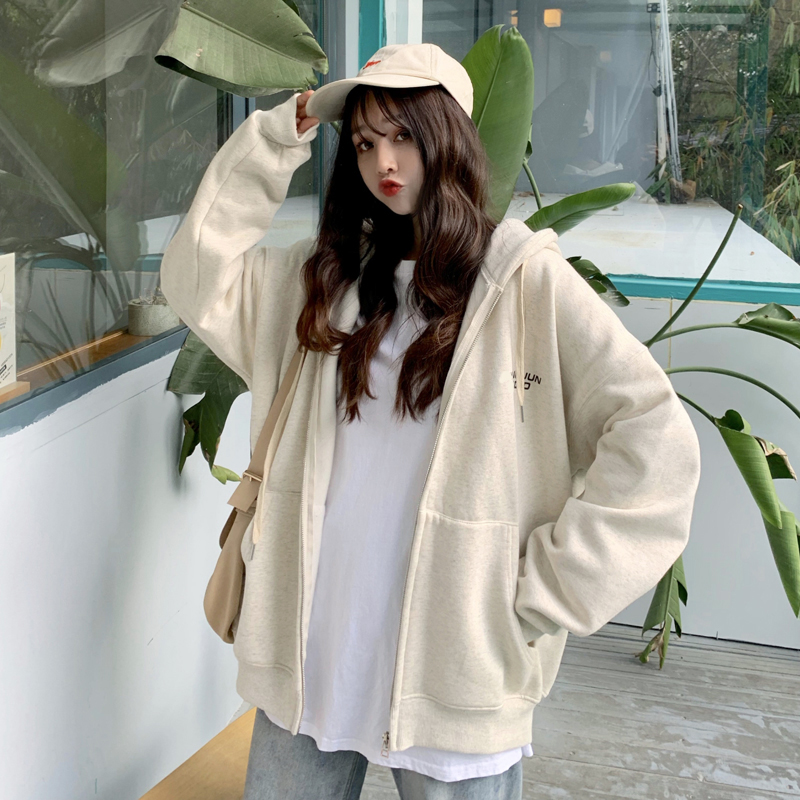 SUXI Áo khoác sweater dáng rộng tay dài in họa tiết chữ phối khóa kéo trẻ trung cho nữ