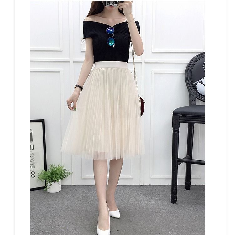 Gauze skirt Four Seasons New pleated A- line skirt high waist slimming versatile skirt fairy skirt fresh gauze skirt