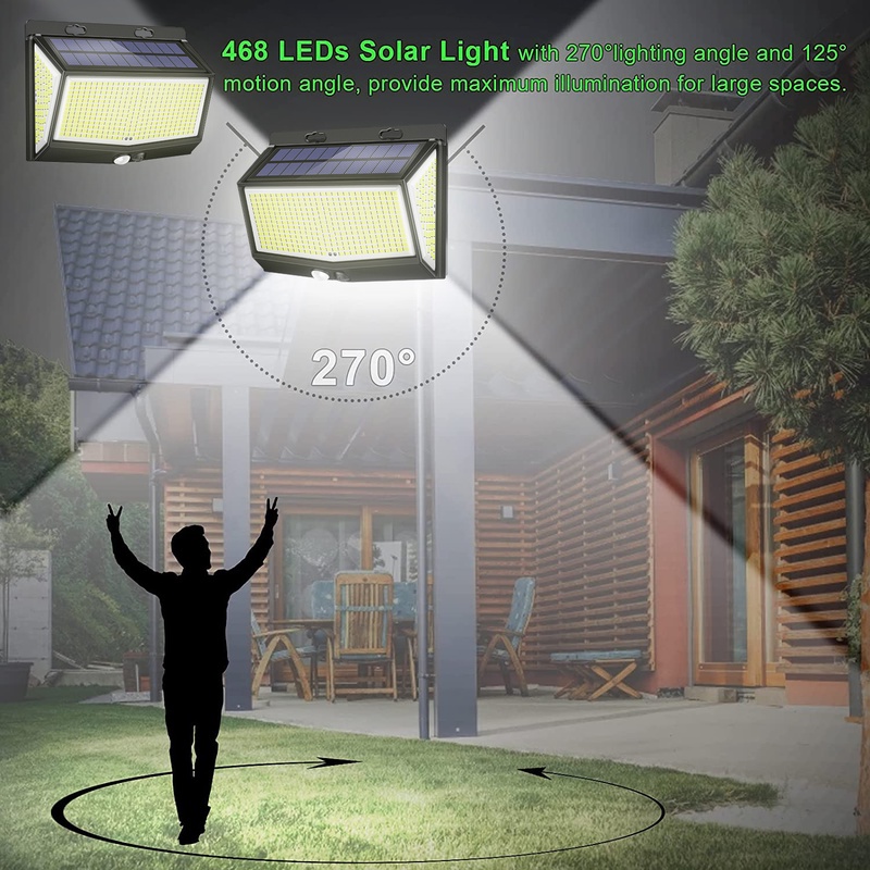 Đèn Led 3 Chế Độ 468 Bóng Cảm Biến Chuyển Động Dùng Năng Lượng Mặt Trời Chống Thấm Nước Trang Trí Ngoài Trời