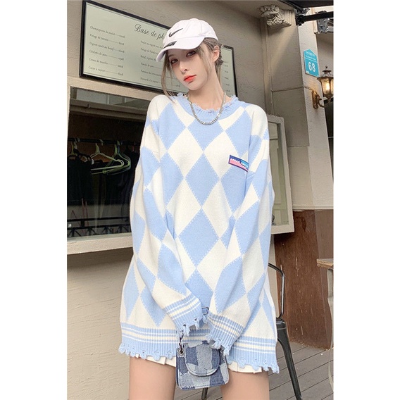 Áo len nữ kẻ sọc xanh rách tua tay dài hàn quốc form rộng thu đông tết ulzzang