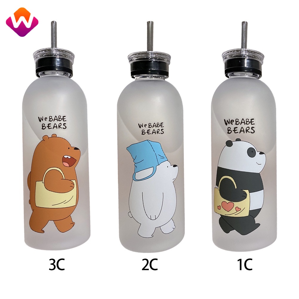 Bình nước nhựa trong suốt 1000ml chống tràn họa tiết hình gấu dễ thương