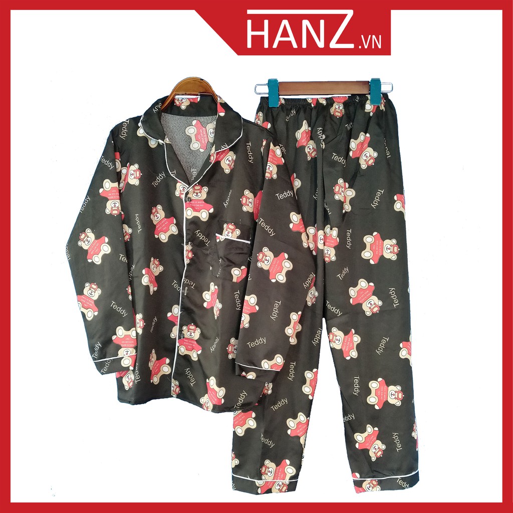 Bộ ngủ pijama lụa kate thái áo dài quần dài bộ mặc nhà Hanz.vn mềm mại dễ thương H 1 Đen Gấu