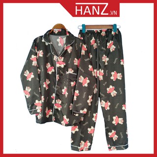 Bộ ngủ pijama lụa kate thái áo dài quần dài bộ mặc nhà Hanz.vn mềm mại dễ thương H1 Đen Gấu teddy
