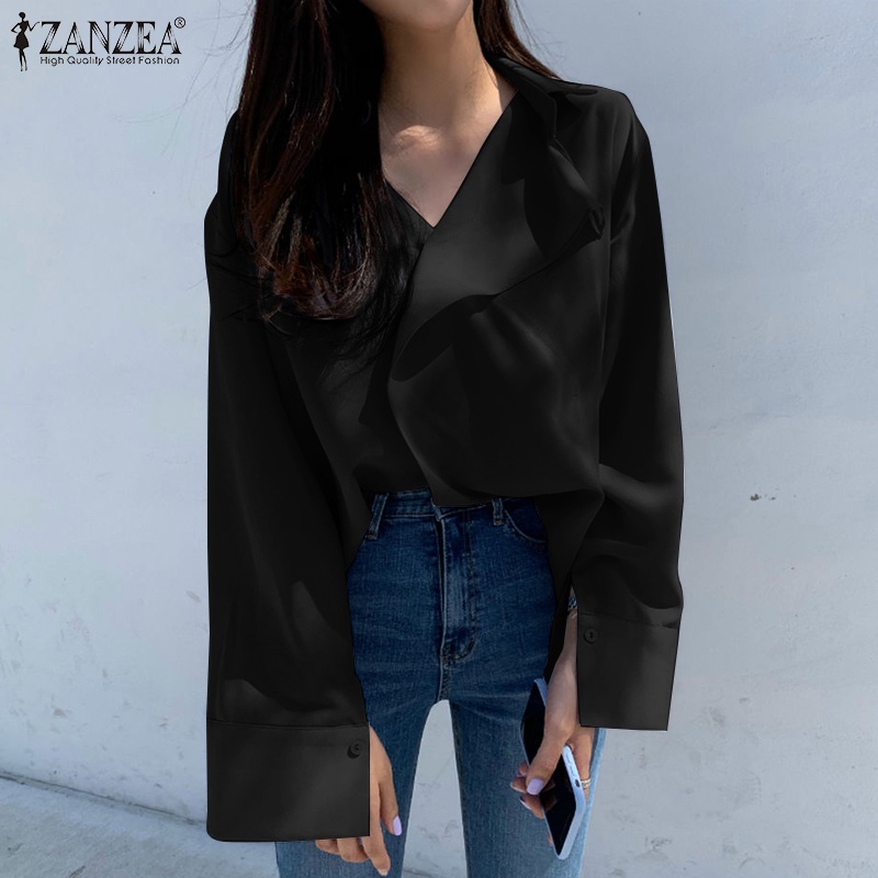 Áo kiểu ZANZEA dài tay cổ lật dáng rộng màu trơn đơn giản phong cách Hàn Quốc dễ phối đồ dành cho nữ