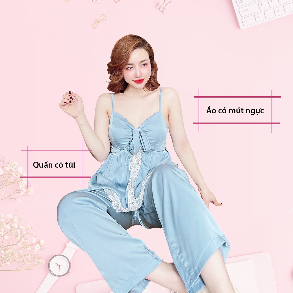 Set đồ mặc nhà nữ, bộ nữ lụa quần dài có túi freesize dưới 60kg