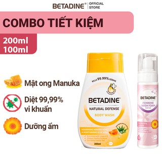 Bộ 1 Sữa tắm Betadine mật ong Manuka diệt 99.99% vi khuẩn chai 200ml và 1 Bọt vệ sinh Betadine Hồng chai 100ml