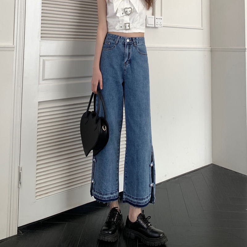 Quần Denim Dài Lưng Cao Xẻ Tà Đính Hạt Thời Trang Mùa Hè Mới 2022 Cho Nữ