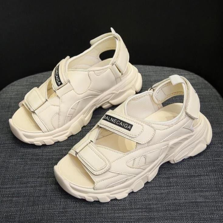 Giày Sandal Nữ, Dép Đế Xuồng Ba Quai Dán Phối Màu Kem Nhẹ.