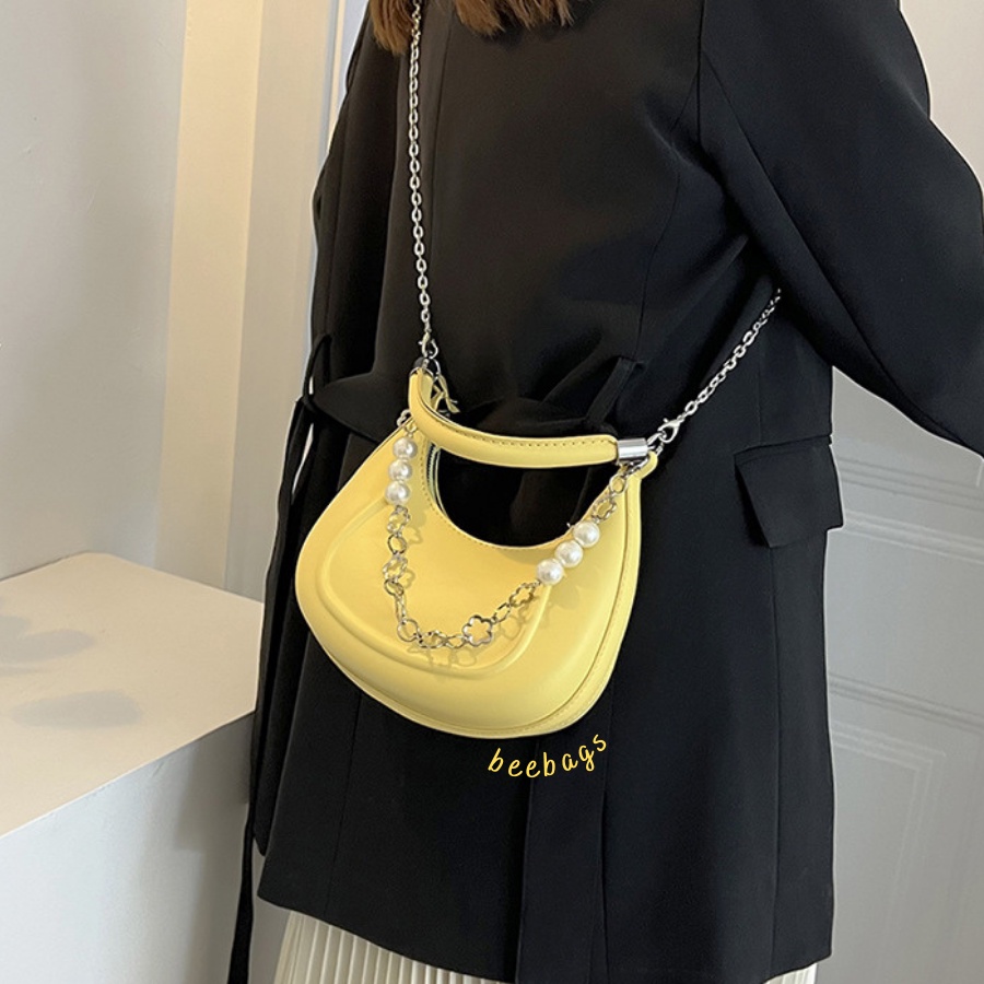 Túi Xách Hình Bán Nguyệt Màu Hồng, Vàng, Trắng, Đen Dễ Phối Đồ | TX32 | Túi Nữ Thời Trang Phối Dây Ngọc Tiểu Thư Cầm Tay