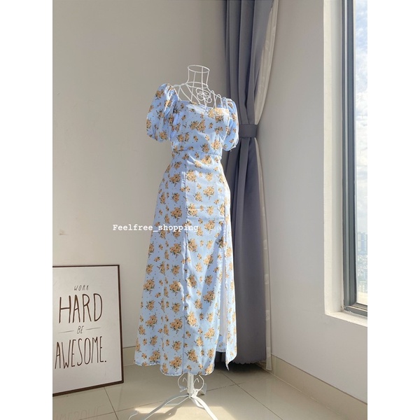 (Ảnh thật) Đầm Váy Xanh Feelfree Cổ Vuông Dáng Dài 2 Lớp Xẻ Tà Mặc Đi Chơi Đi Tiệc D3083 bn