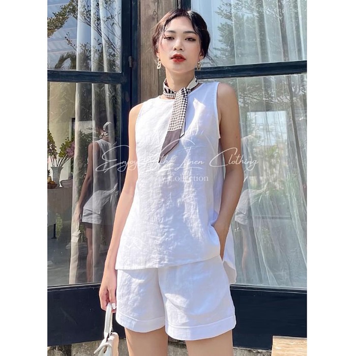 Bộ đồ linen sát nách dáng yếm trẻ trung, thời trang phong cách trẻ