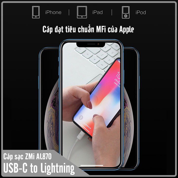 Cáp sạc nhanh ZMi chuẩn MFi USB-C to Lightning hỗ trợ sạc nhanh Power Delivery ( AL870 )