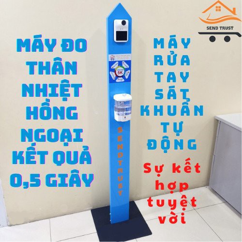 Máy đo thân nhiệt cơ thể hồng ngoại kèm máy rửa tay sát khuẩn tự động không chạm tiện tích cho bệnh viện, nơi đông người