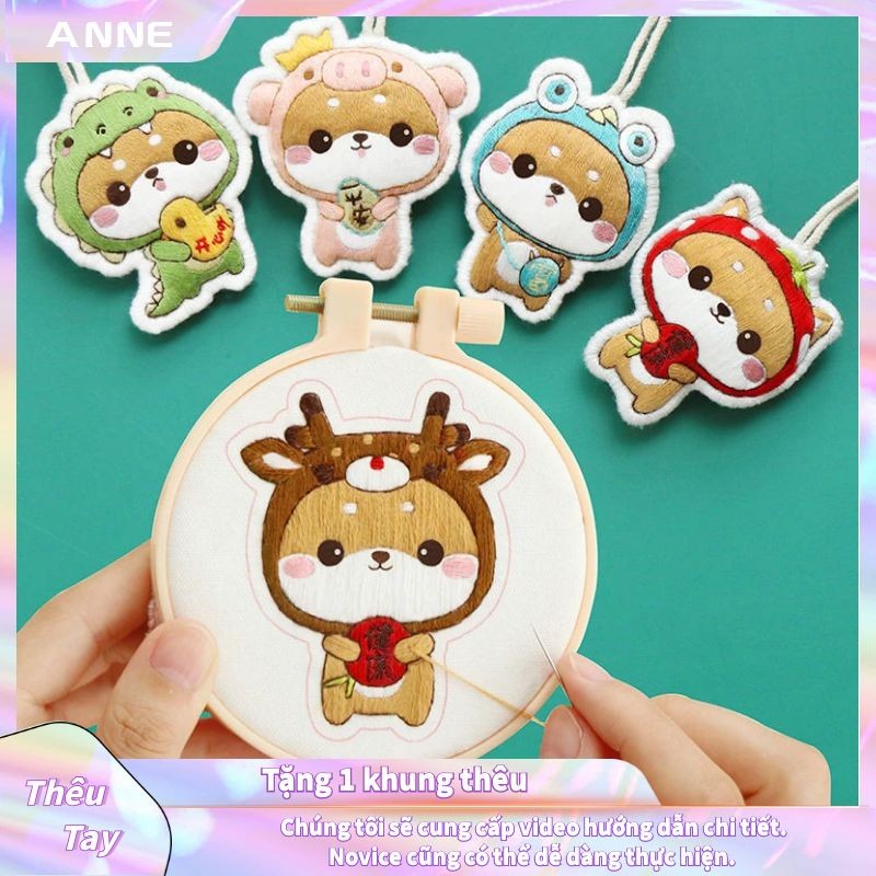 Thêu Handmade/Phụ Kiện/Bộ Dụng Cụ Thêu Hình Shiba Inu/ Gấu/ Hươu Dễ Thương Làm Móc Khóa