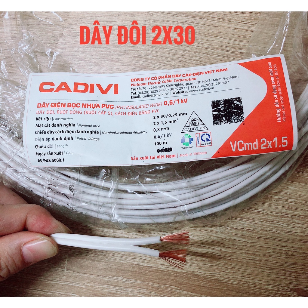 DÂY ĐIỆN ĐÔI MỀM 2x30 CADIVI VCmd 2x1.5 (100 mét)