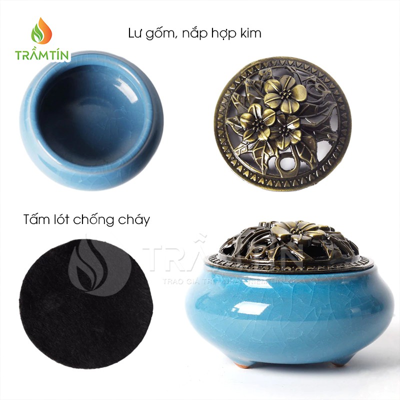 Lư sứ xông trầm hương, đỉnh đốt trầm men rạn ngọc cao cấp nhiều màu sắc, nắp đồng hoa mai. Tặng 1 nụ trầm hương Trầm Tín