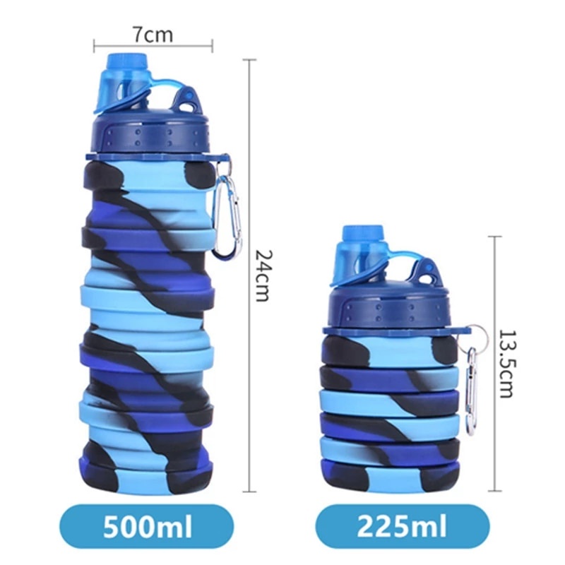 Bình Nước Silicone 500ML Màu Trơn Họa Tiết Rằn Ri Có Thể Gấp Gọn Tiện Dụng Mang Theo Du Lịch