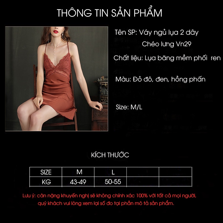 [FREE SHIP] Đầm ngủ, váy ngủ lụa 2 dây mềm phối ren, chất liệu lụa băng mềm mịn không nhăn,tặng đệm ngực Vn29