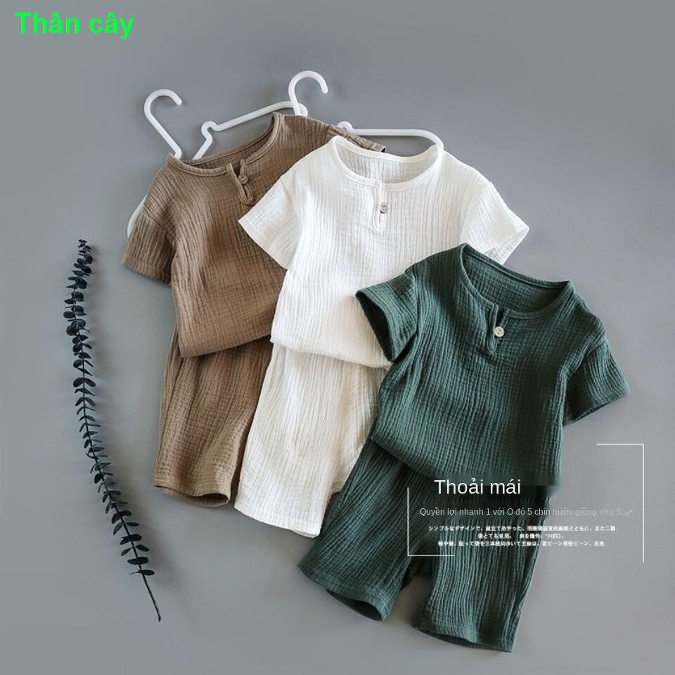 Cotton và vải lanh trẻ em 2021 Bộ bông ngắn tay mới quần short nam Trung Quốc hai mảnh