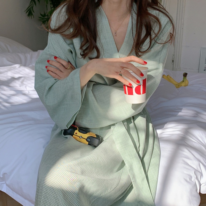 Áo Choàng Tắm Tay Dài Cổ Chữ V Có Túi Trước In Họa Tiết Kẻ Sọc Dáng Rộng Thời Trang Cho Nữ