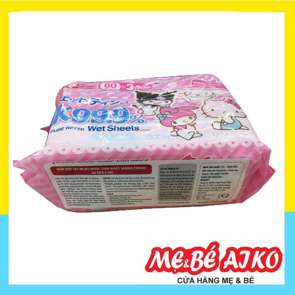 [Combo 6 gói] Khăn Ướt LEC tinh khiết 99.9% Sanrio E90345 80 tờ/gói (6 gói x 80 tờ)