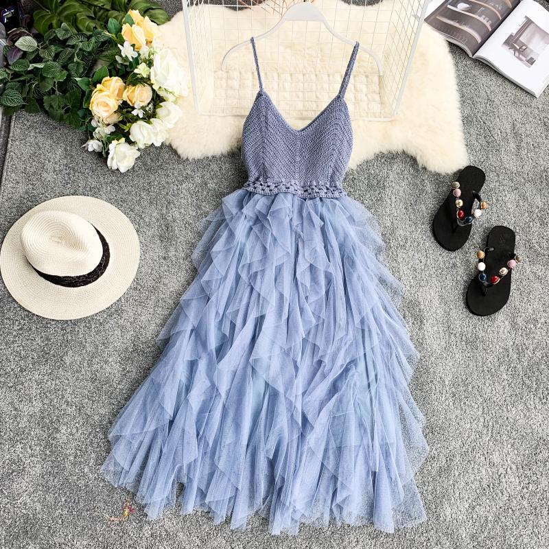 Women Strappy V-Neck Cupcake Sundress Mesh Yarn Holiday Casual Beach Party Summer Long Mixi Dresses