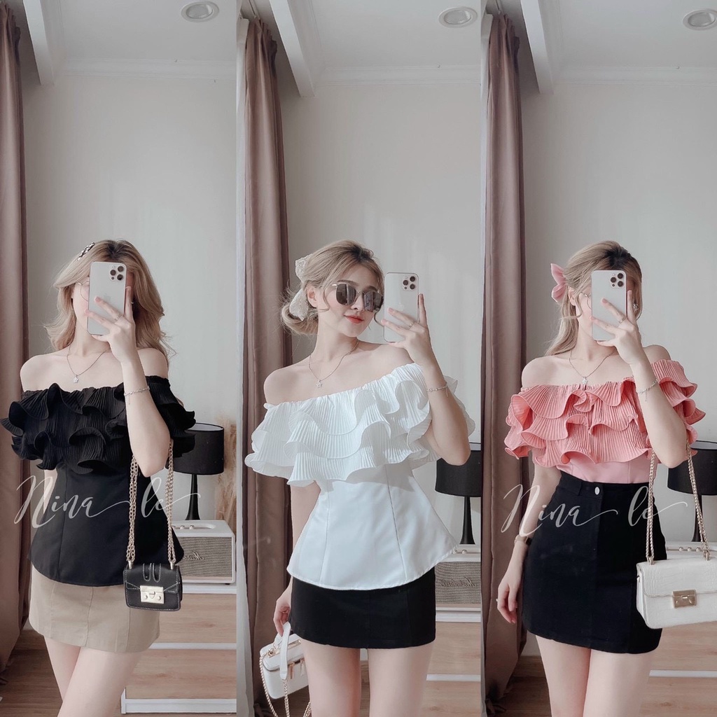 Sét áo và chân váy nữ áo trễ vai phối bèo tần dập ly kèm chân váy ngắn
