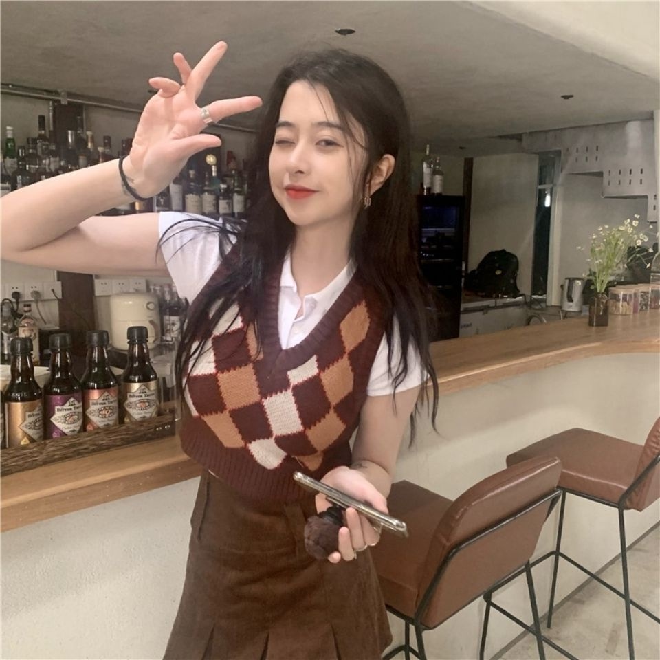 Áo Dệt Kim Cổ Chữ V Màu Sắc Tương Phản Phong Cách Retro Cho Nữ