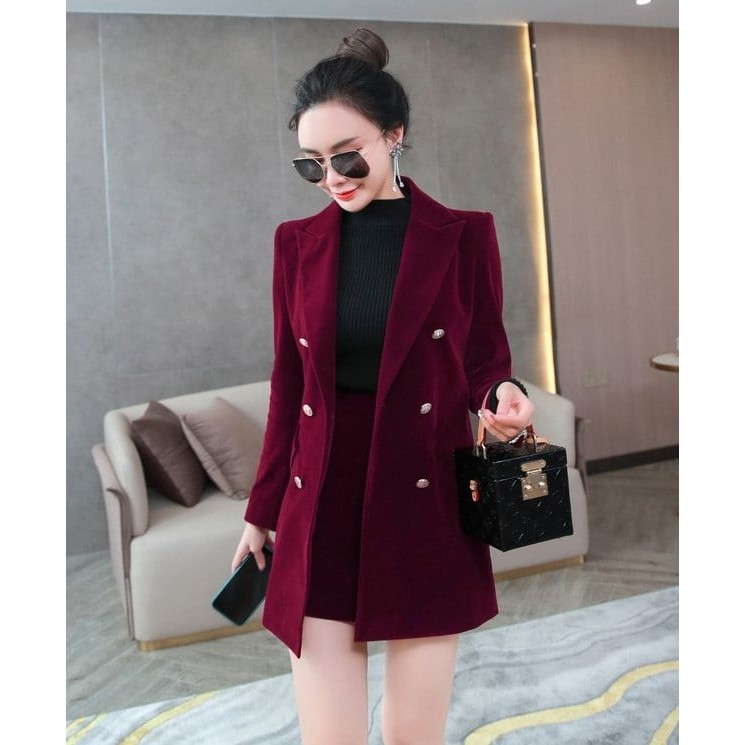 Set vest nhung mỏng đỏ đô S848