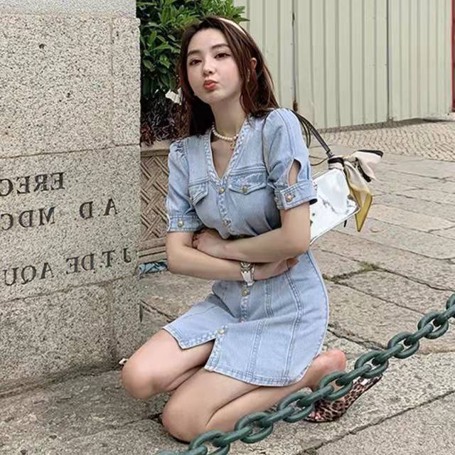 Đầm Denim Dáng Chữ a Ôm Eo Thời Trang Mùa Hè Phong Cách Mới