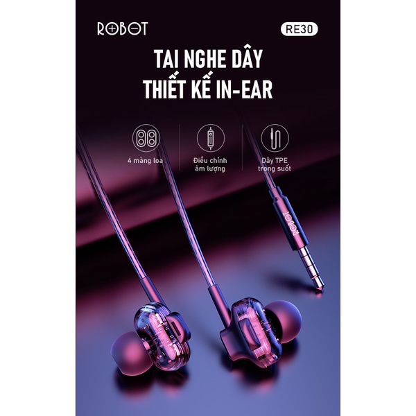 Tai Nghe Dây ROBOT RE30 Thiết Kế In-Ear Dây TPE Trong Suốt Cổng Kết Nối 3.5mm