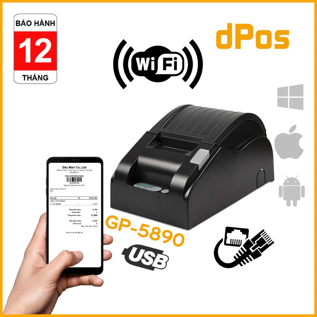 [ Hàng Hot ] Máy in hoá đơn K58 dPos XP58IIH GP5890XIII USB LAN WIFI in bill tính tiền POS từ các phần mềm bán hàng khổ