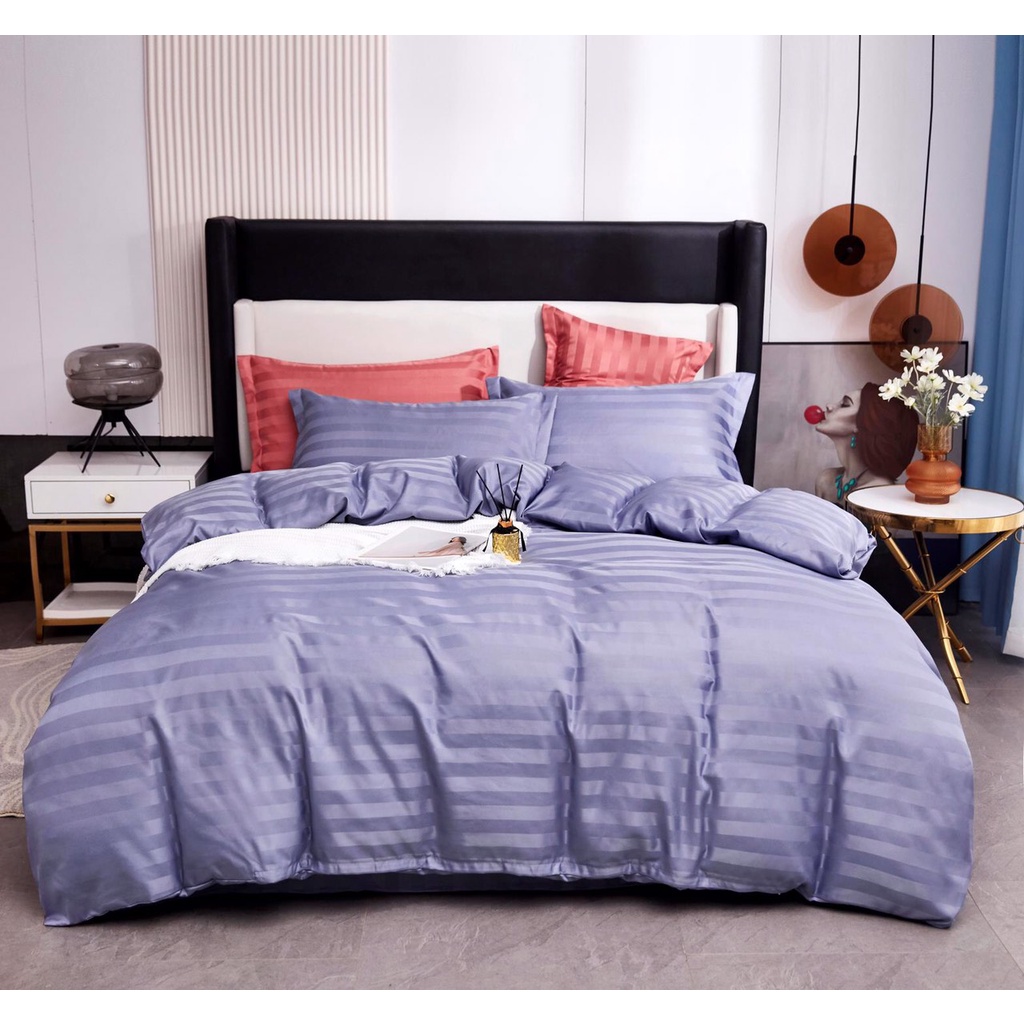 Bộ Chăn Ga Gối Cotton Lụa Sọc 3F Cao Cấp Khách Sạn, Decor phòng ngủ 5 món ( 1 mền+1 Ga bọc+1 áo ôm+2 áo nằm)