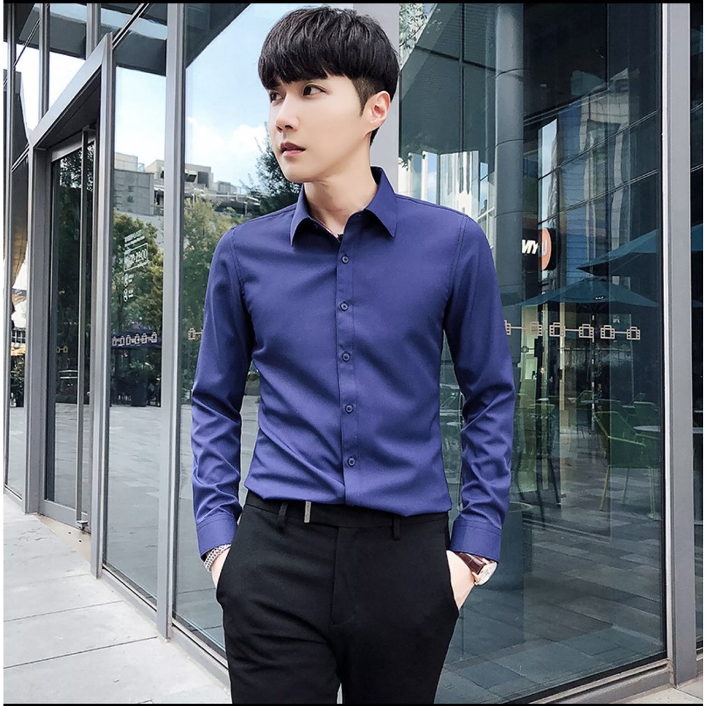 Sơ mi dài tay nam FATUNO màu xanh đen dáng Hàn Quốc vải đẹp chống nhăn