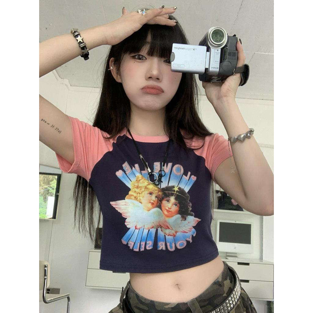 Áo Thun Dáng Ôm Ngắn Tay In Thiên Thần Màu Sắc Tương Phản Thời Trang Cá Tính 62810