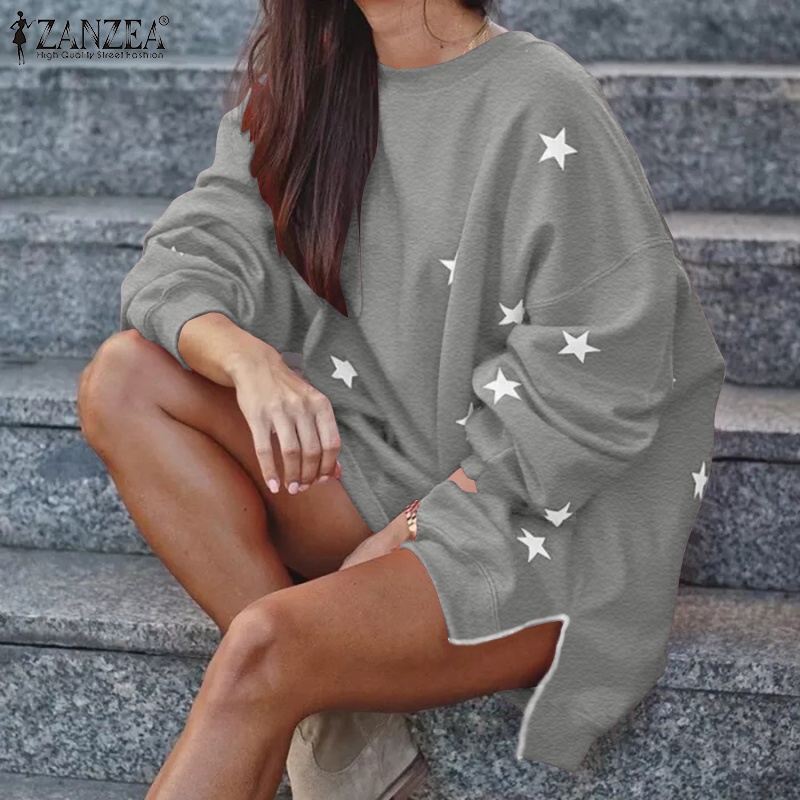 Áo sweatshirt ZANZEA cổ tròn tay dài dáng rộng in họa tiết ngôi sao thời trang cho nữ